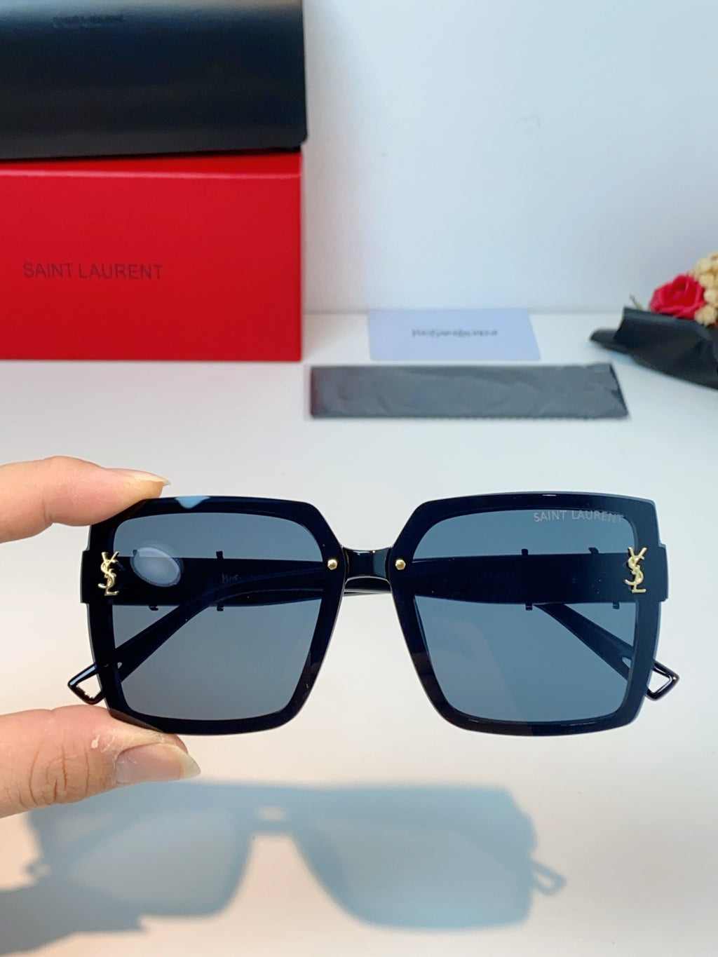 Saint Laurent Metal Square Blue Lens Sunglasses for Men & Women - detail image 4