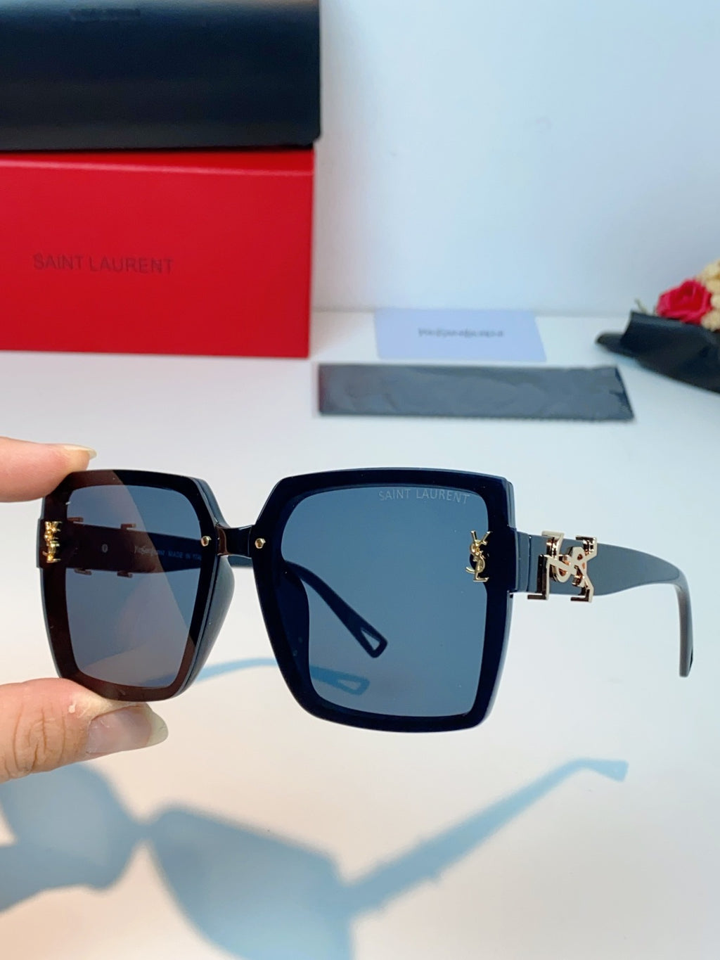 Saint Laurent Metal Square Blue Lens Sunglasses for Men & Women - detail image 6