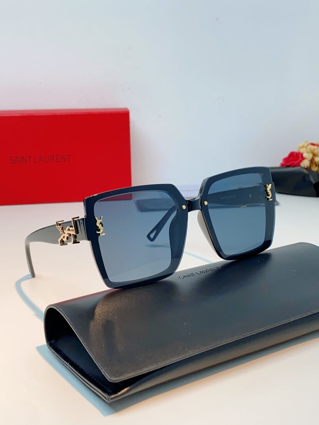 Saint Laurent Metal Square Blue Lens Sunglasses for Men & Women - detail image 11