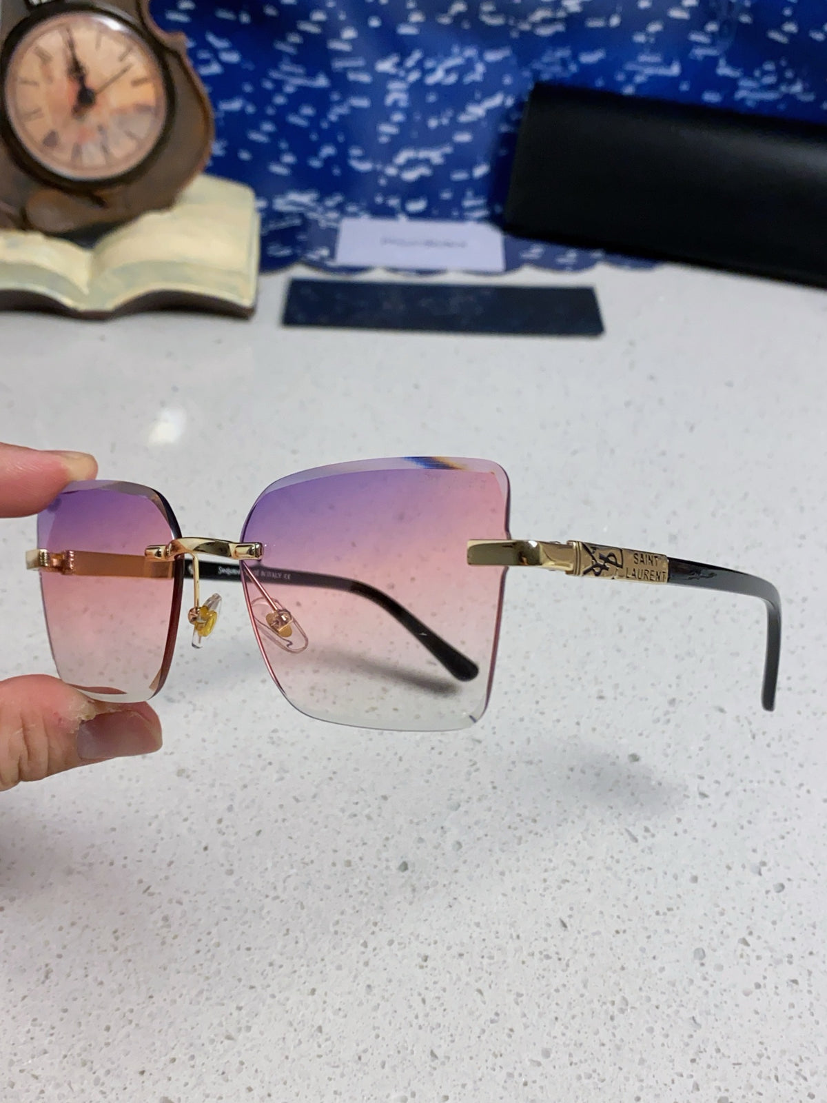 Saint Laurent Lightweight Rimless Purple Lens Sunglasses for Men & Women - detail image 6