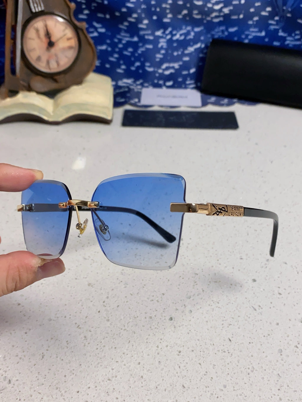 Saint Laurent Lightweight Rimless Blue Lens Sunglasses for Men & Women - detail image 6