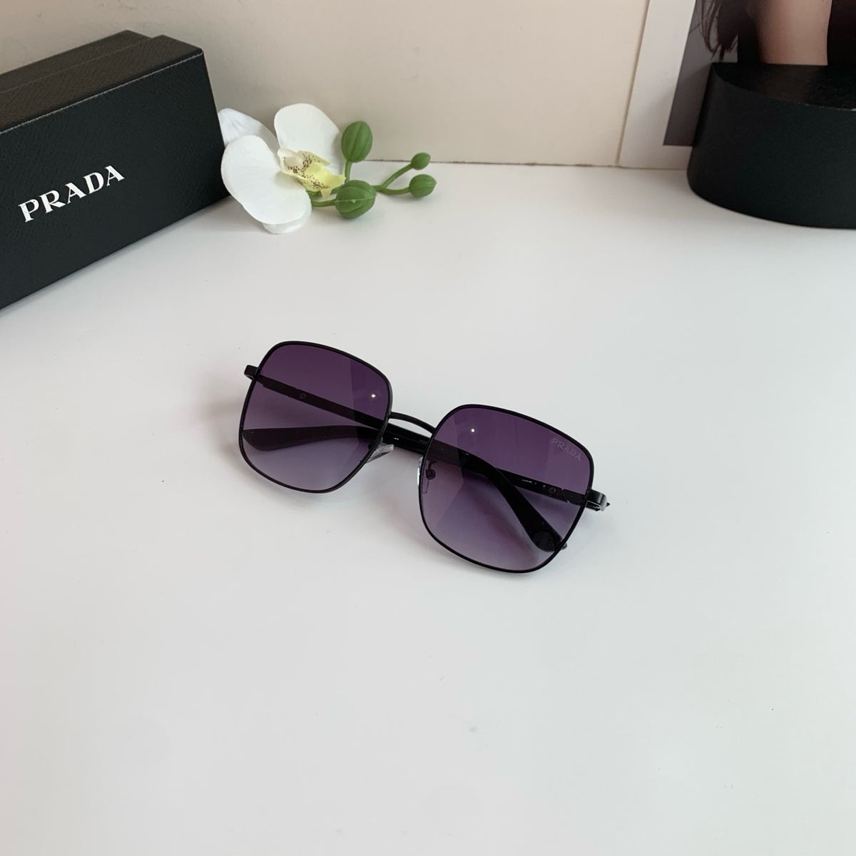Prada Metal Square Black Lens Sunglasses for Men & Women